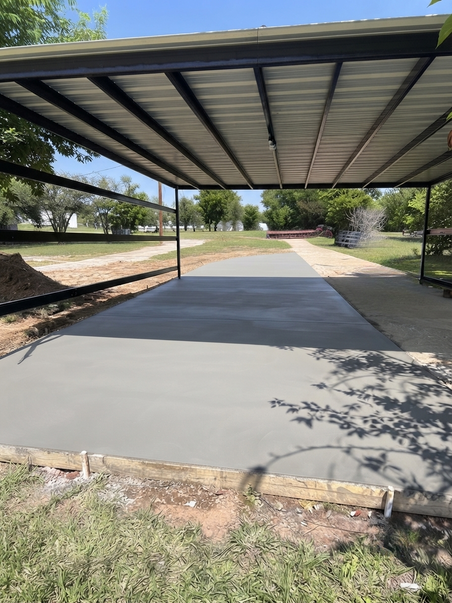 Concrete slab pouring under metal carport fresh pour concrete contractor Killeen TX Martinez Construction