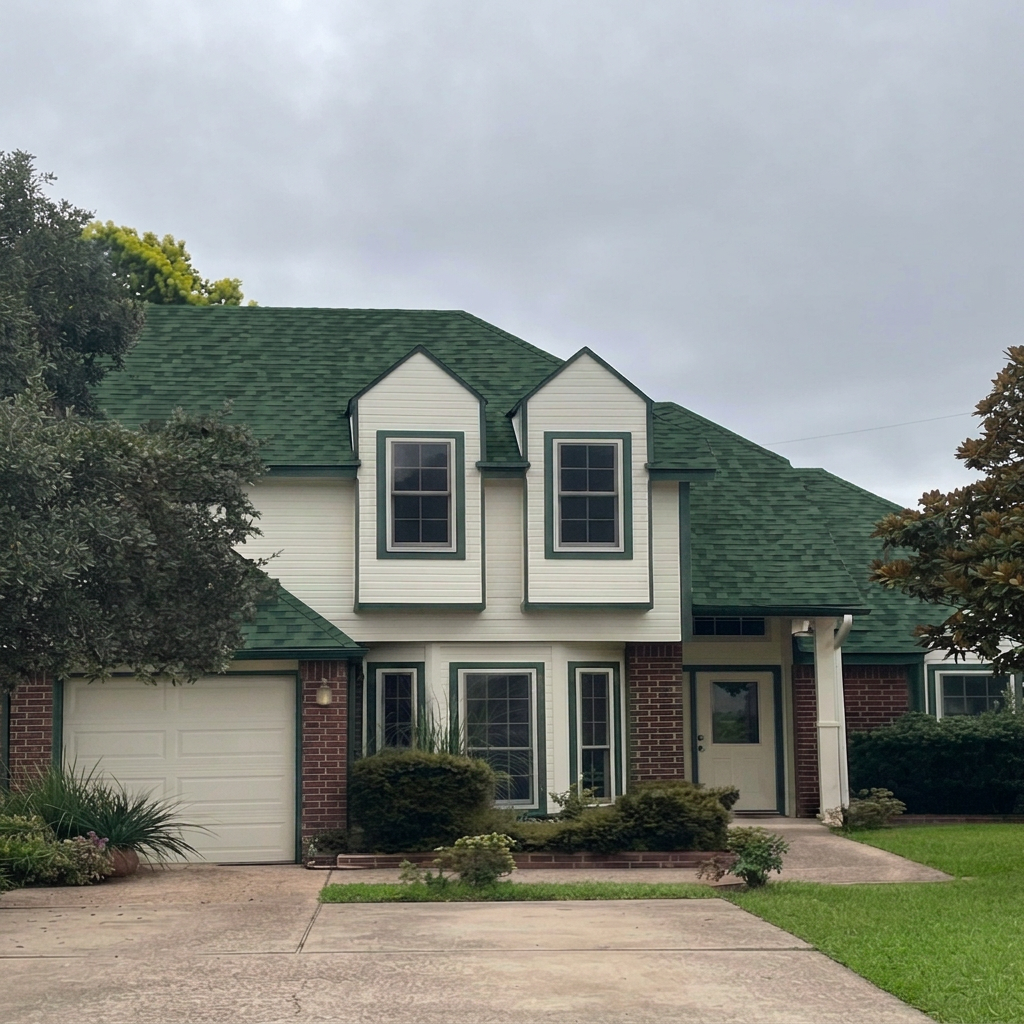 Green roof installation two-story white siding red brick home in Belton TX by Martinez Construction