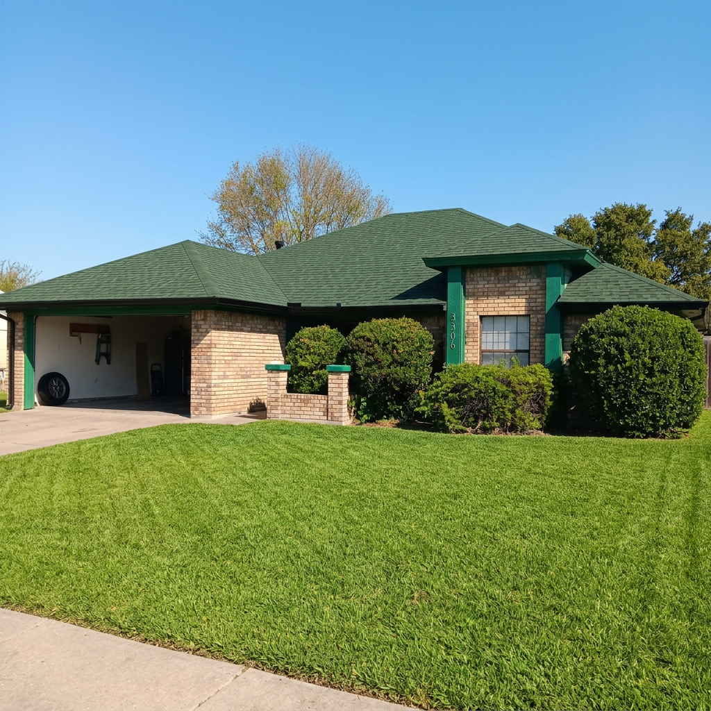 Roofing contractor Martinez Construction green roof tan brick home in Salado TX
